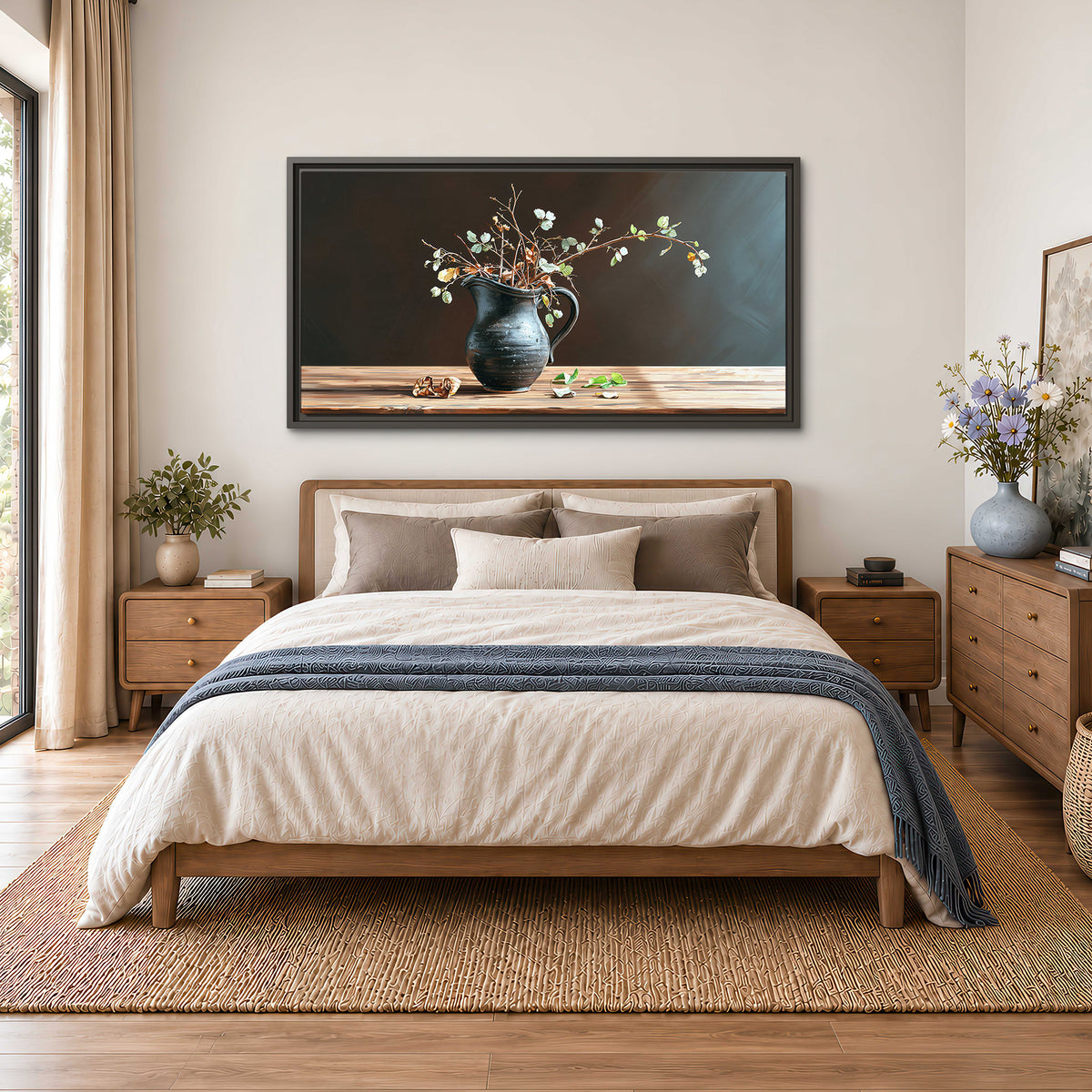 A delicate arrangement of pale blossoms in a blue vase on a sunlit wooden table single framed canvas wall art styled in an interior