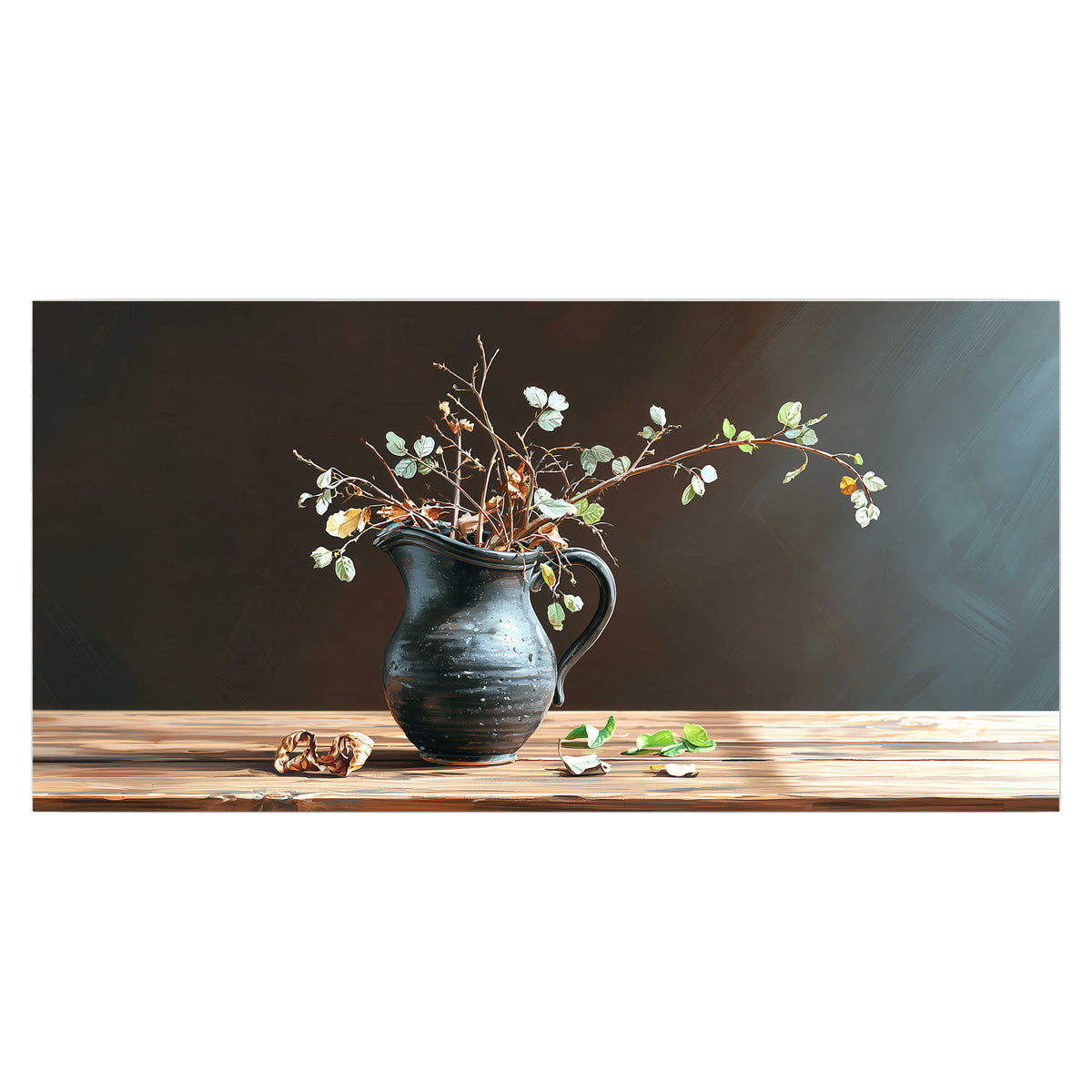 A delicate arrangement of pale blossoms in a blue vase on a sunlit wooden table single poster print viewed straight on