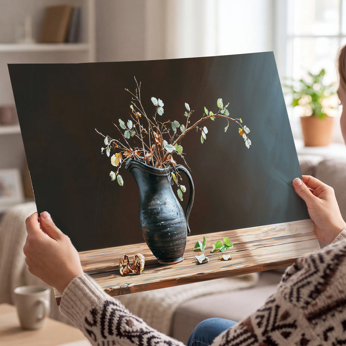 A delicate arrangement of pale blossoms in a blue vase on a sunlit wooden table single poster print held in hands