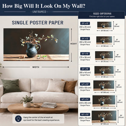 A delicate arrangement of pale blossoms in a blue vase on a sunlit wooden table single poster print size guide above a sofa; room view is illustrative