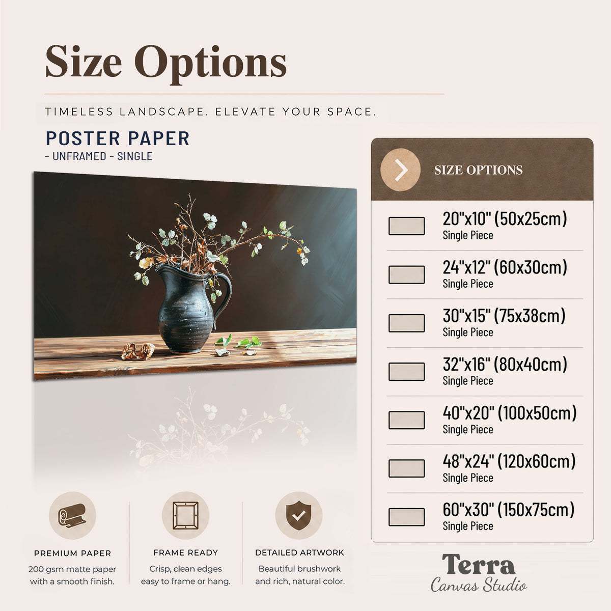 A delicate arrangement of pale blossoms in a blue vase on a sunlit wooden table single poster print available dimensions