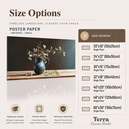 A delicate arrangement of pale blossoms in a blue vase on a sunlit wooden table single poster print available dimensions