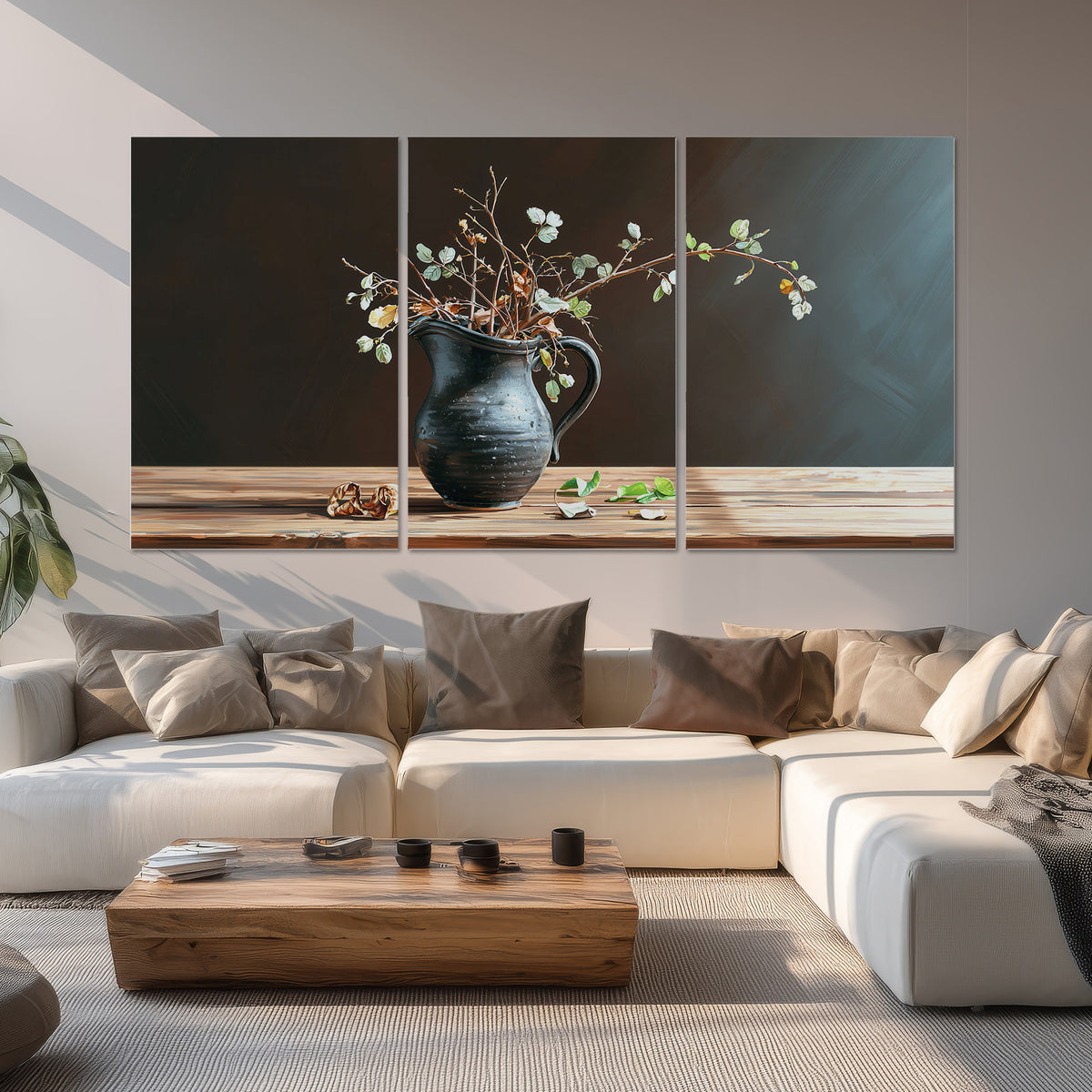 A delicate arrangement of pale blossoms in a blue vase on a sunlit wooden table set of 3 poster prints displayed in a living room