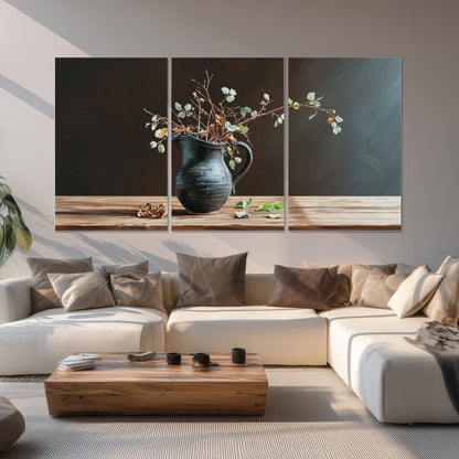 A delicate arrangement of pale blossoms in a blue vase on a sunlit wooden table set of 3 poster prints displayed in a living room