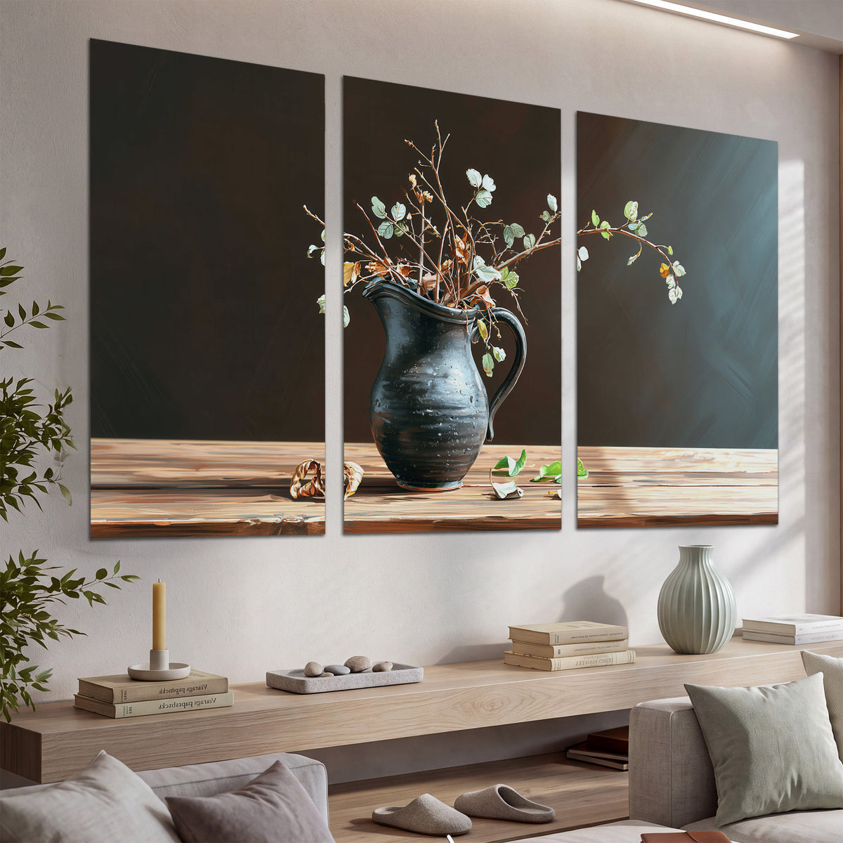A delicate arrangement of pale blossoms in a blue vase on a sunlit wooden table set of 3 poster prints displayed in a console