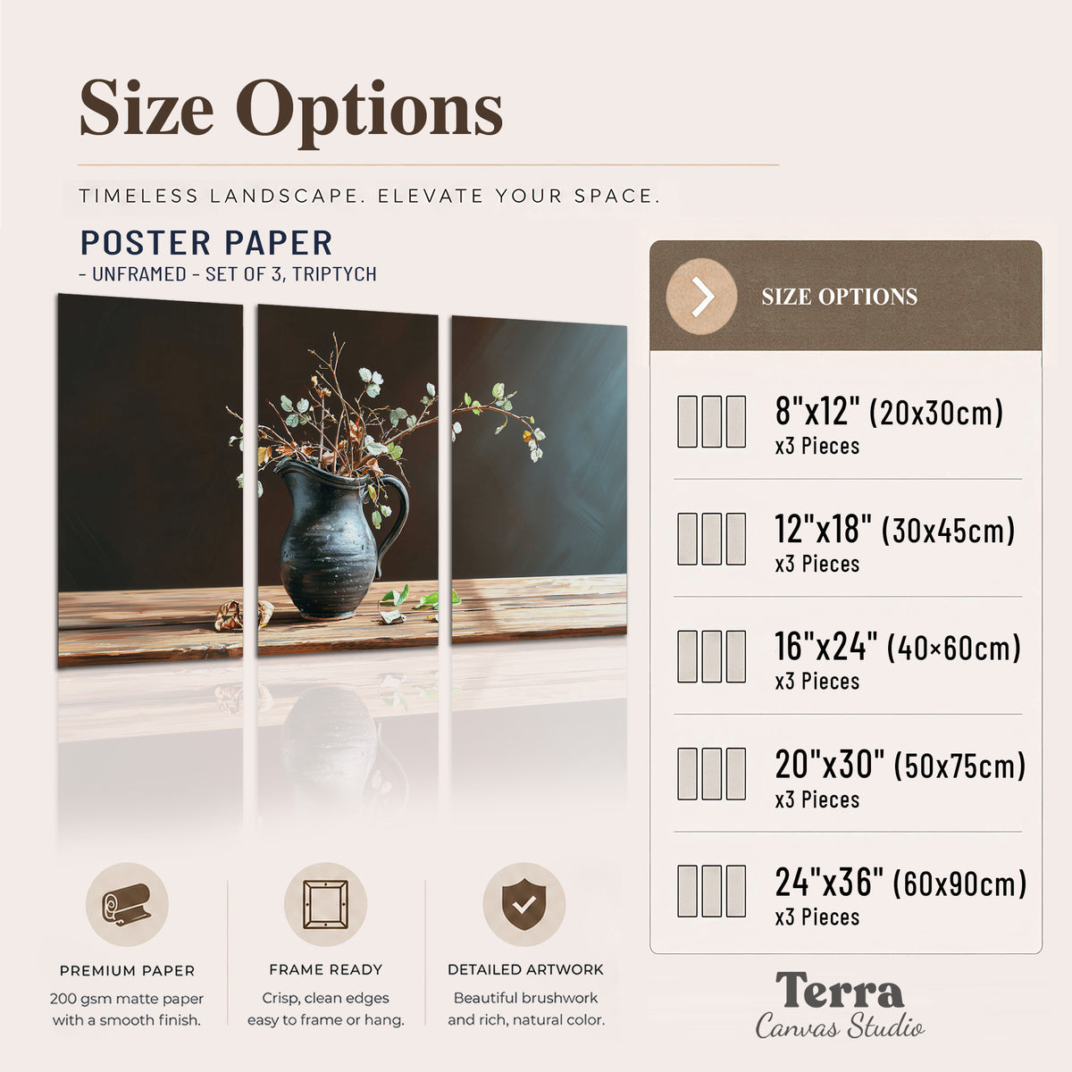 A delicate arrangement of pale blossoms in a blue vase on a sunlit wooden table set of 3 poster prints available dimensions; triptych dimensions are per panel