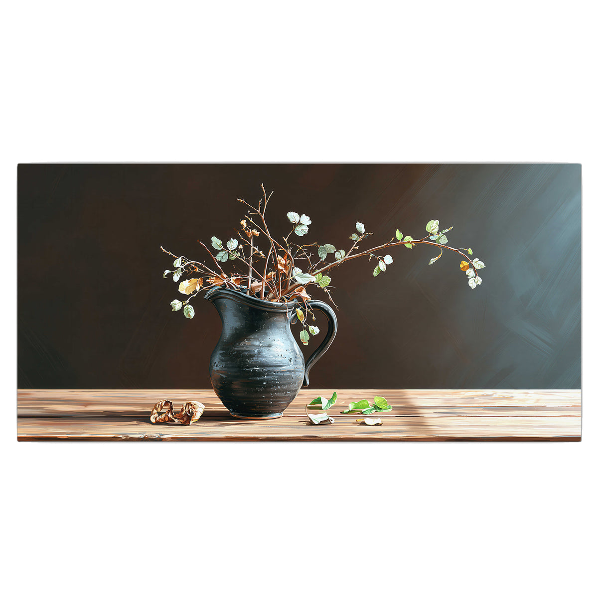 A delicate arrangement of pale blossoms in a blue vase on a sunlit wooden table single canvas wall art viewed straight on