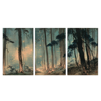 Warm shafts of light falling between tall dark pine trees in a misty green forest 3 piece canvas wall art viewed straight on