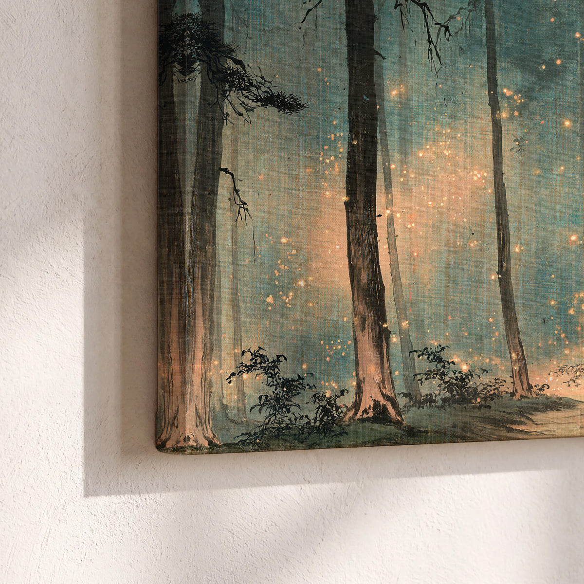 Warm shafts of light falling between tall dark pine trees in a misty green forest 3 piece canvas wall art material and edge close up