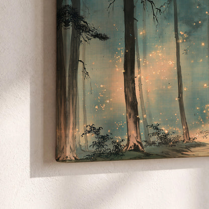 Warm shafts of light falling between tall dark pine trees in a misty green forest 3 piece canvas wall art material and edge close up