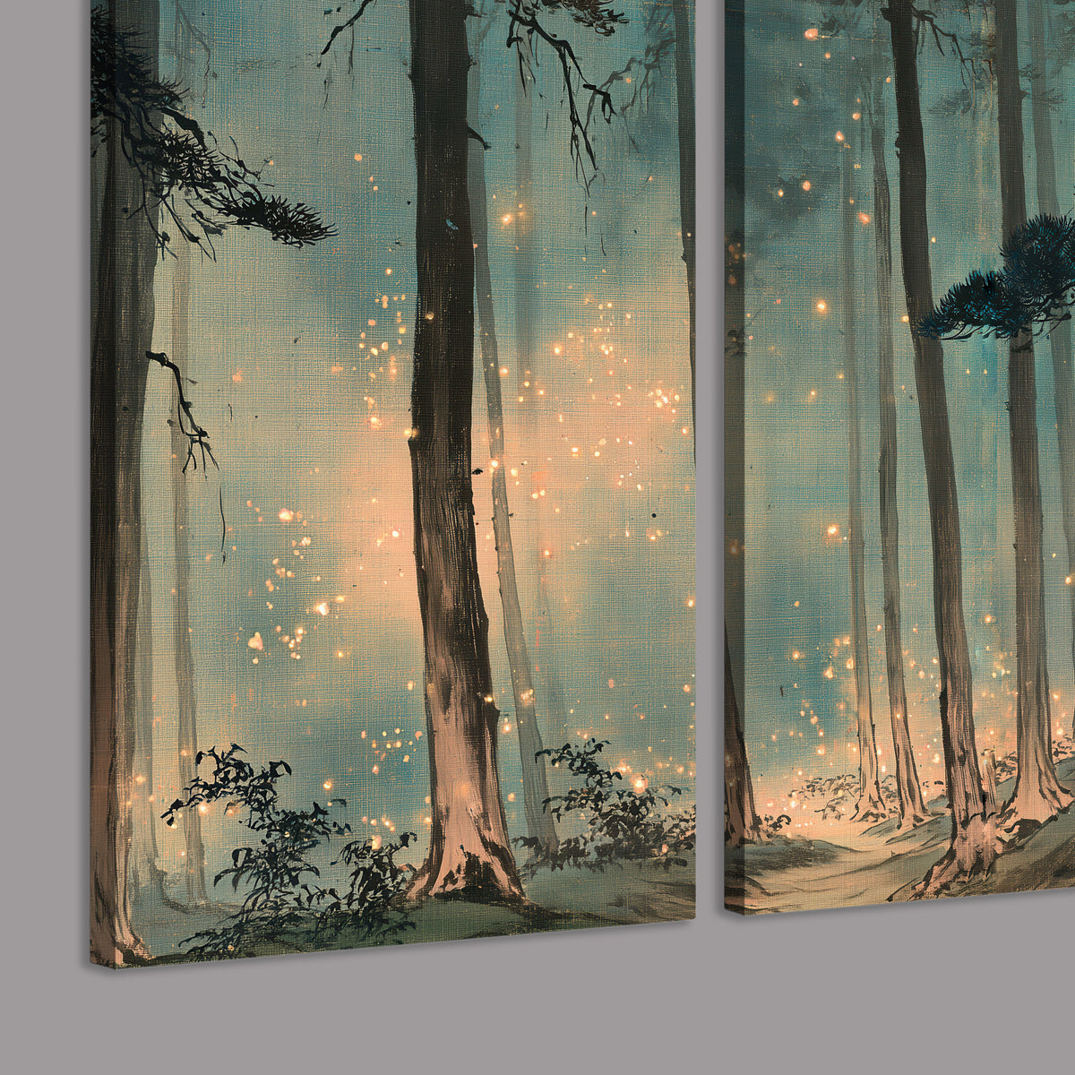 Warm shafts of light falling between tall dark pine trees in a misty green forest 3 piece canvas wall art room and product view