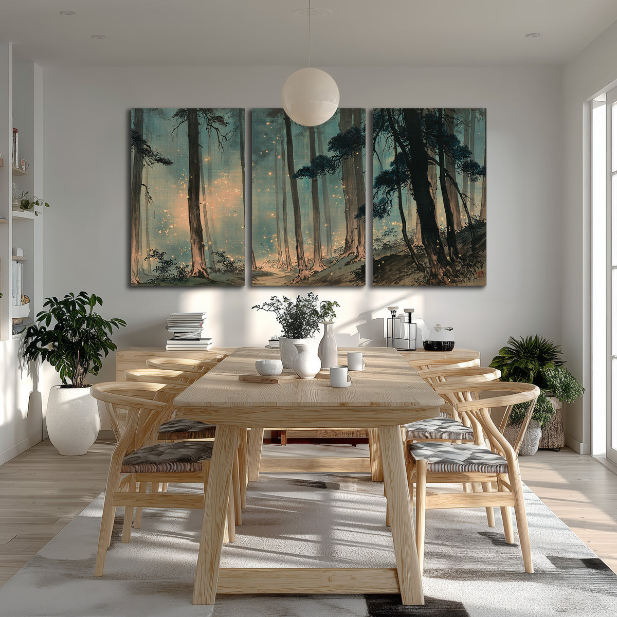 Warm shafts of light falling between tall dark pine trees in a misty green forest 3 piece canvas wall art room and product view