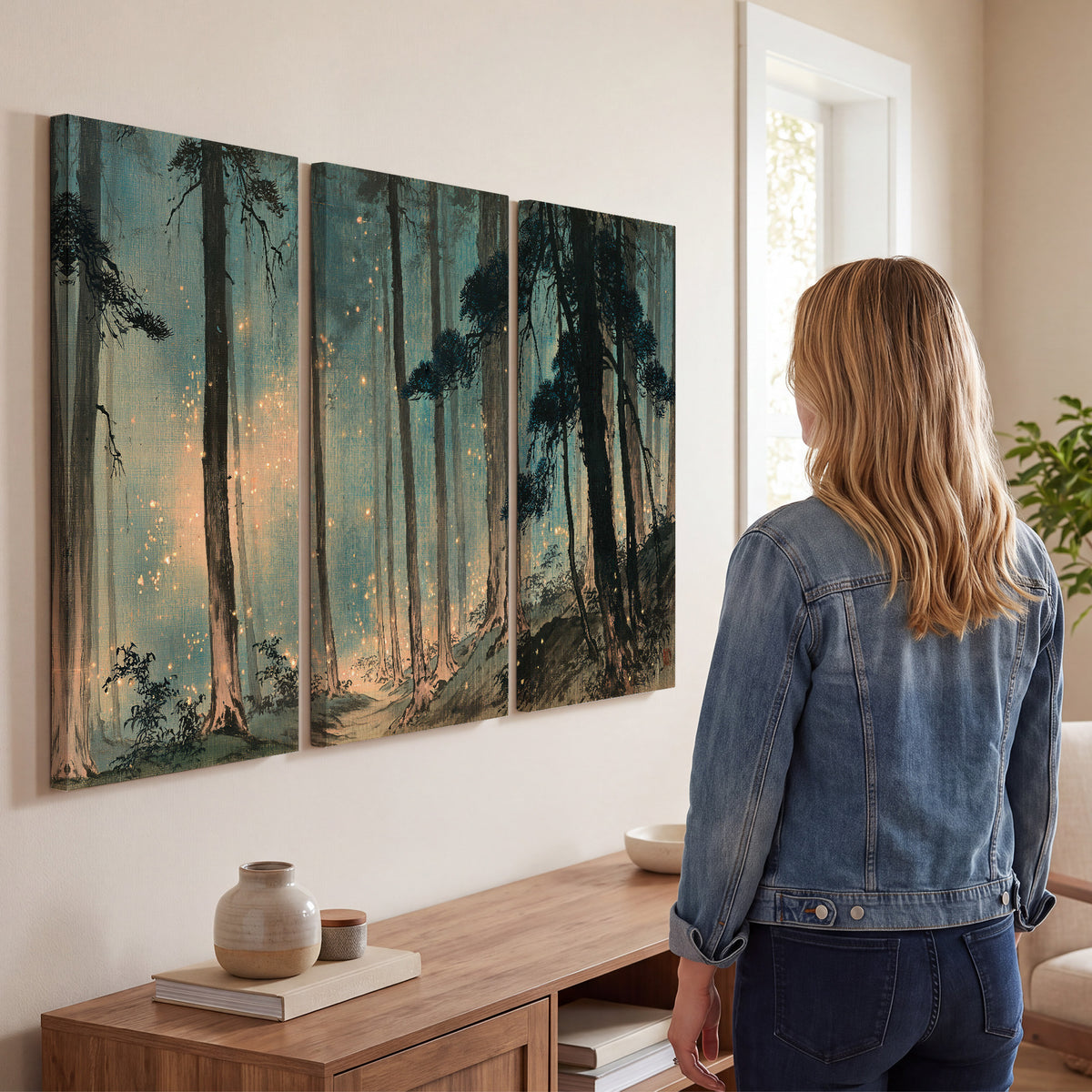 Warm shafts of light falling between tall dark pine trees in a misty green forest 3 piece canvas wall art three panel arrangement on a wall