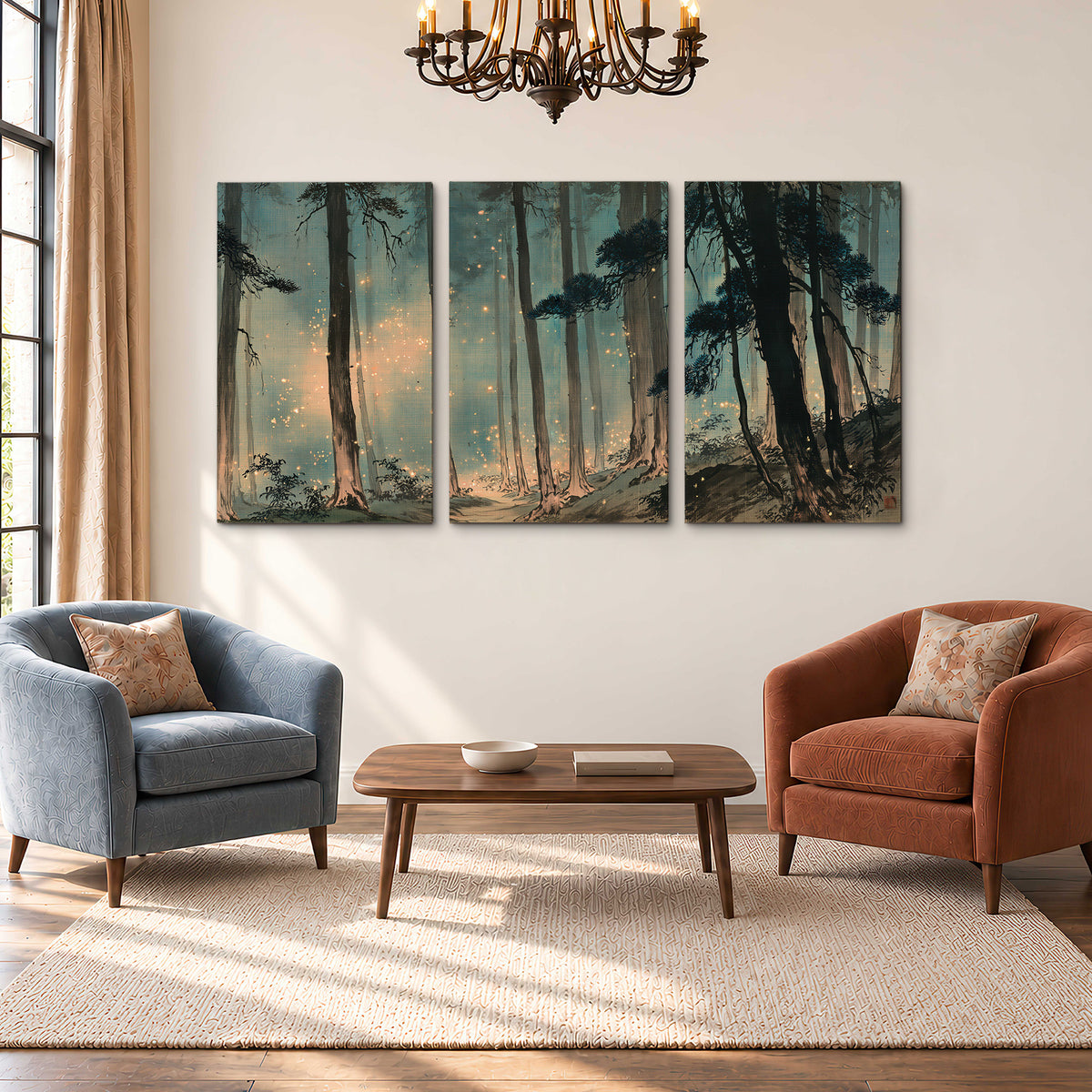 Warm shafts of light falling between tall dark pine trees in a misty green forest 3 piece canvas wall art styled in an interior