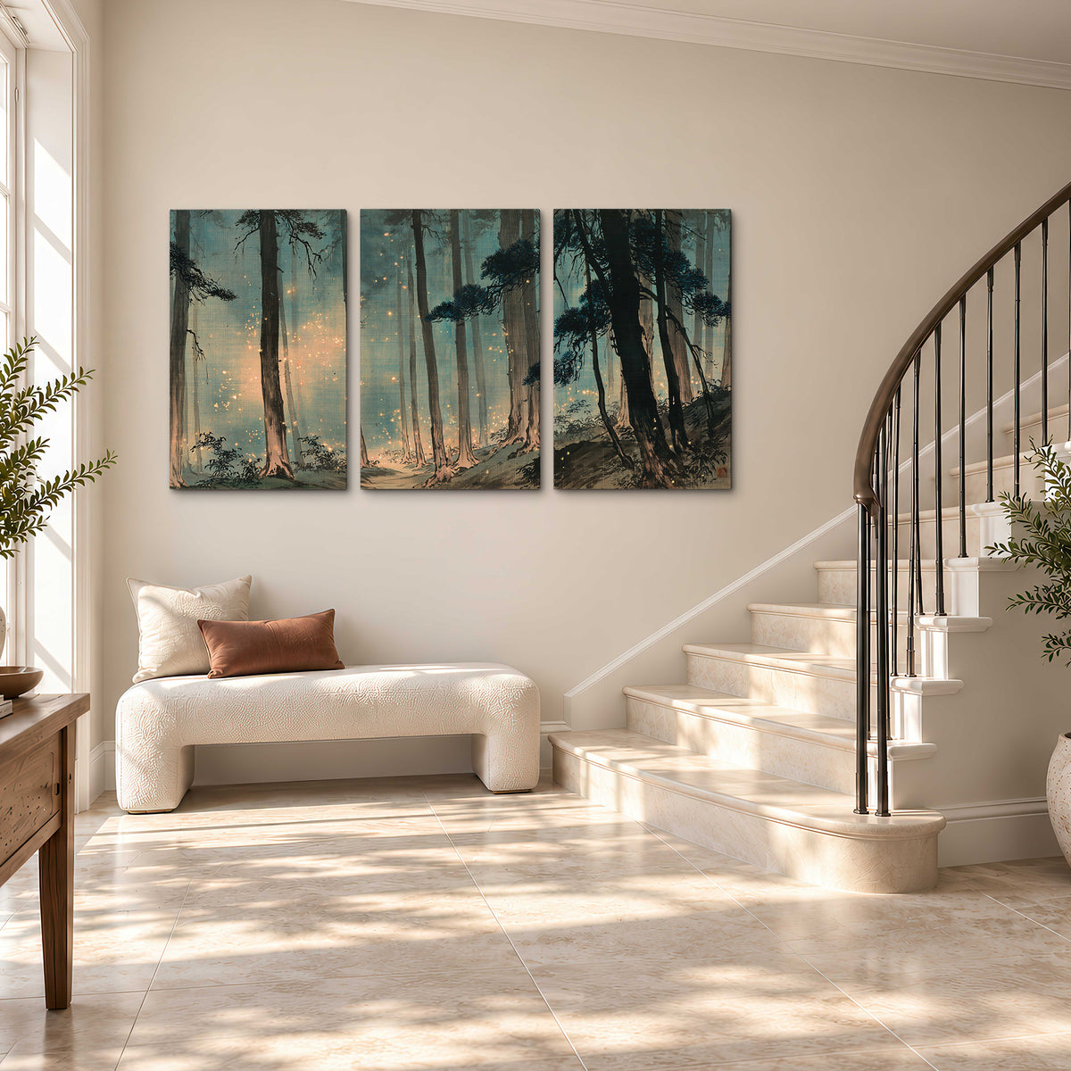 Warm shafts of light falling between tall dark pine trees in a misty green forest 3 piece canvas wall art styled in an interior