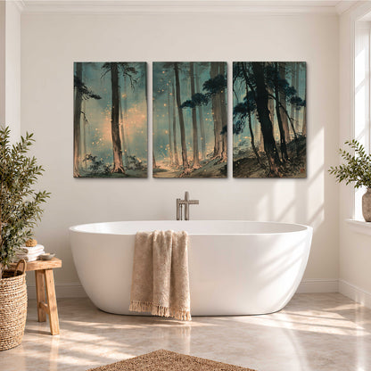 Warm shafts of light falling between tall dark pine trees in a misty green forest 3 piece canvas wall art styled in an interior