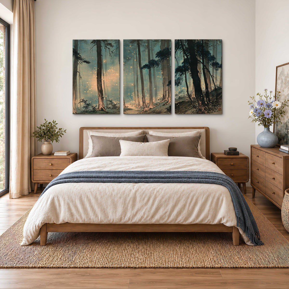 Warm shafts of light falling between tall dark pine trees in a misty green forest 3 piece canvas wall art styled in an interior