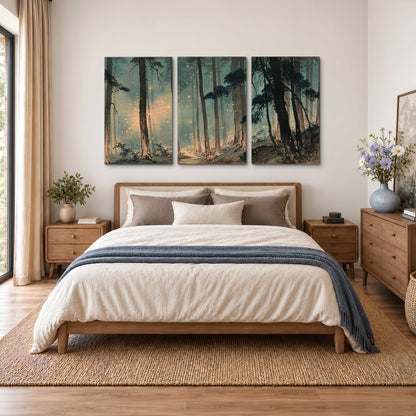 Warm shafts of light falling between tall dark pine trees in a misty green forest 3 piece canvas wall art styled in an interior