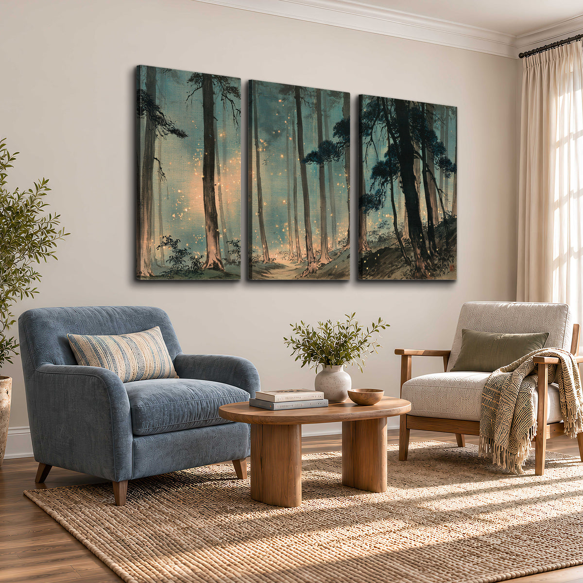 Warm shafts of light falling between tall dark pine trees in a misty green forest 3 piece canvas wall art styled in an interior
