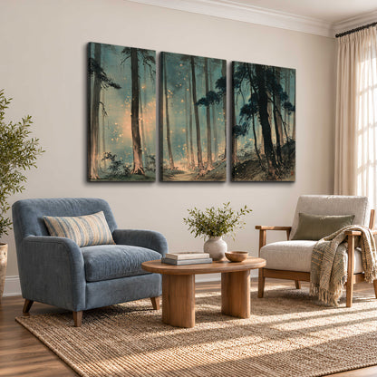 Warm shafts of light falling between tall dark pine trees in a misty green forest 3 piece canvas wall art styled in an interior
