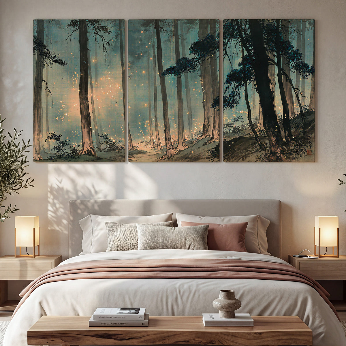 Warm shafts of light falling between tall dark pine trees in a misty green forest 3 piece canvas wall art displayed in a bedroom