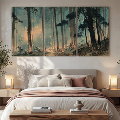 Warm shafts of light falling between tall dark pine trees in a misty green forest 3 piece canvas wall art displayed in a bedroom