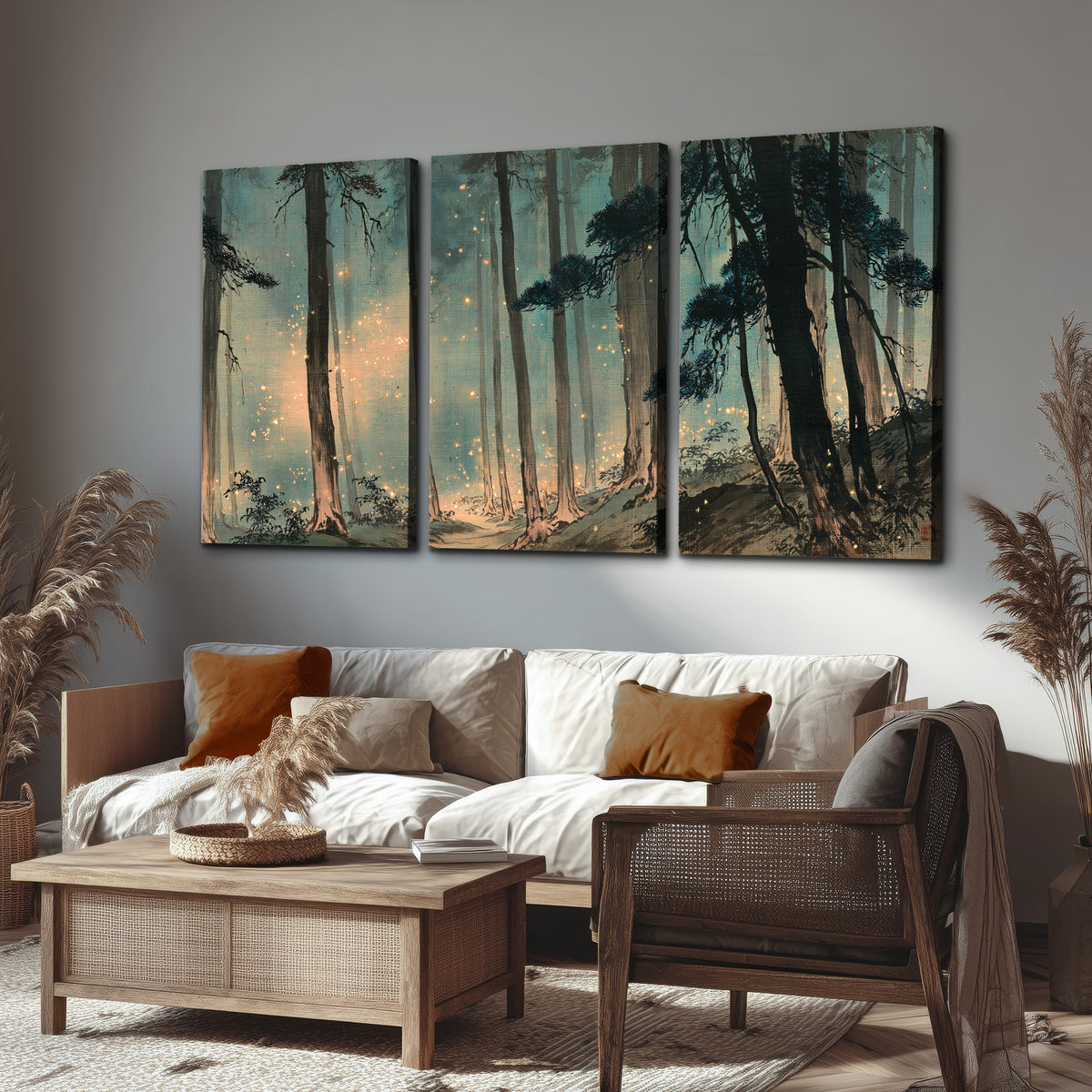 Warm shafts of light falling between tall dark pine trees in a misty green forest 3 piece canvas wall art displayed in a rustic living room