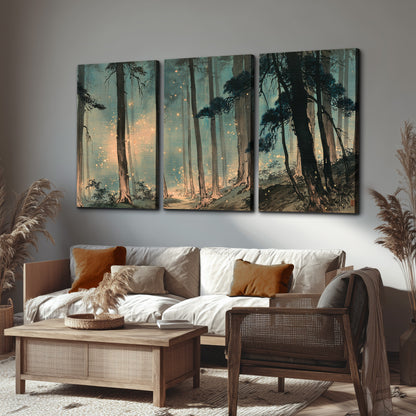 Warm shafts of light falling between tall dark pine trees in a misty green forest 3 piece canvas wall art displayed in a rustic living room