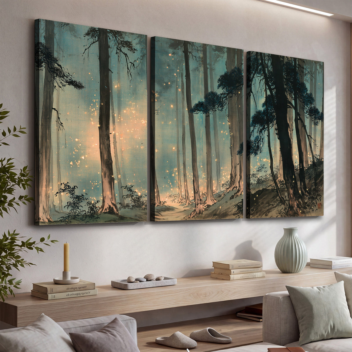 Warm shafts of light falling between tall dark pine trees in a misty green forest 3 piece canvas wall art displayed in a console