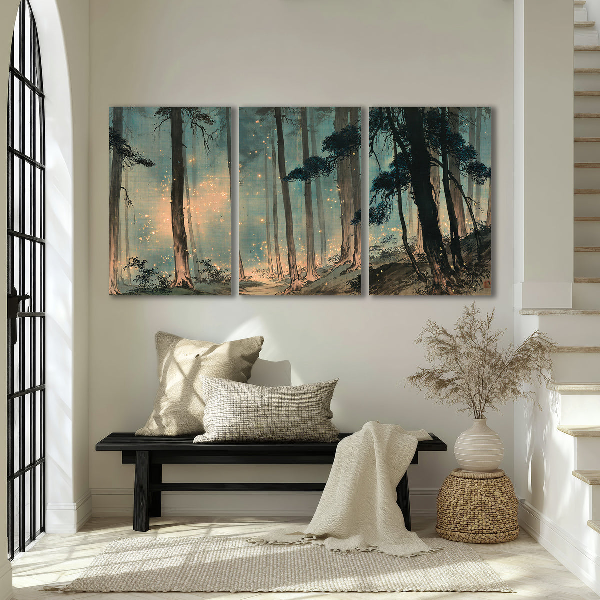 Warm shafts of light falling between tall dark pine trees in a misty green forest 3 piece canvas wall art displayed in a entryway