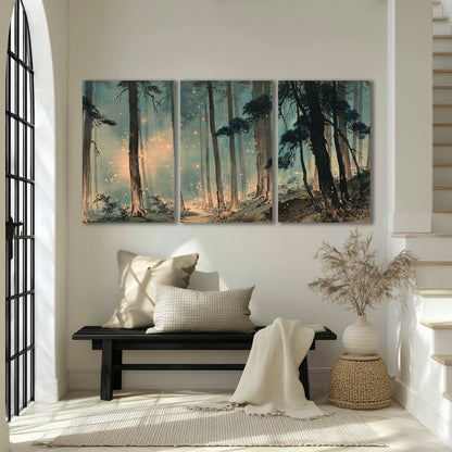 Warm shafts of light falling between tall dark pine trees in a misty green forest 3 piece canvas wall art displayed in a entryway