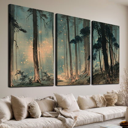 Warm shafts of light falling between tall dark pine trees in a misty green forest 3 piece canvas wall art room and product view