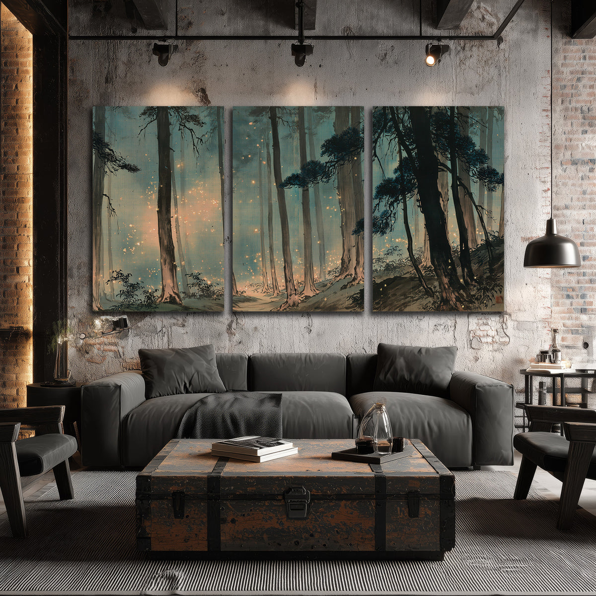 Warm shafts of light falling between tall dark pine trees in a misty green forest 3 piece canvas wall art displayed in a industrial room