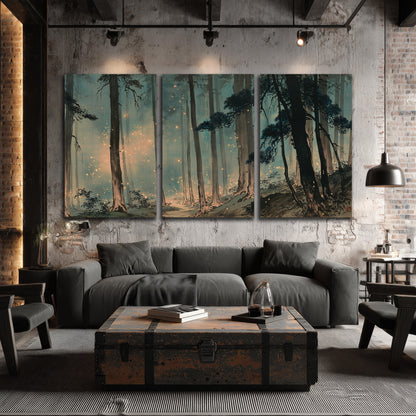 Warm shafts of light falling between tall dark pine trees in a misty green forest 3 piece canvas wall art displayed in a industrial room