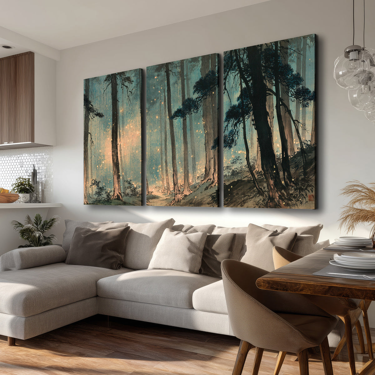 Warm shafts of light falling between tall dark pine trees in a misty green forest 3 piece canvas wall art room and product view