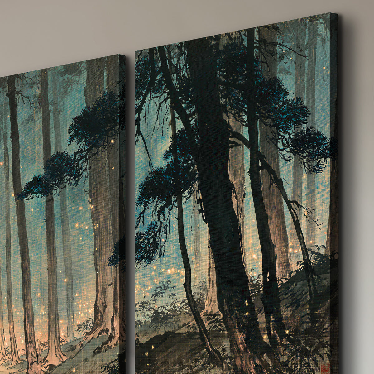 Warm shafts of light falling between tall dark pine trees in a misty green forest 3 piece canvas wall art room and product view