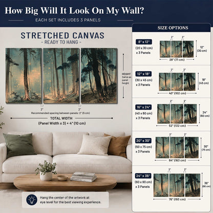 Warm shafts of light falling between tall dark pine trees in a misty green forest 3 piece canvas wall art size guide above a sofa; room view is illustrative