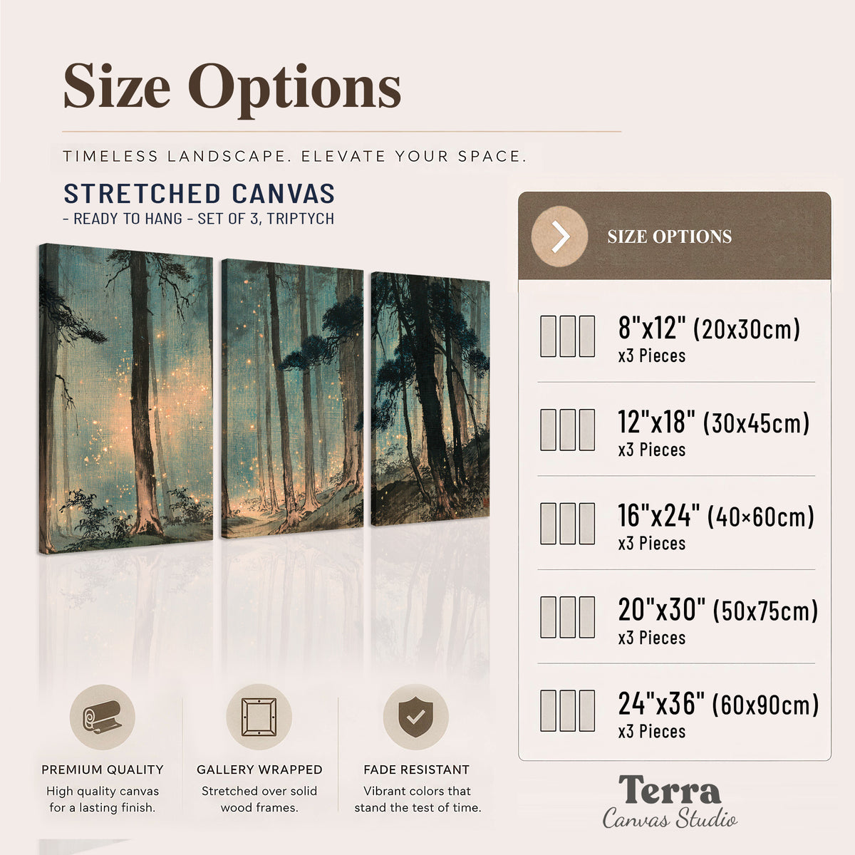 Warm shafts of light falling between tall dark pine trees in a misty green forest 3 piece canvas wall art available dimensions; triptych dimensions are per panel