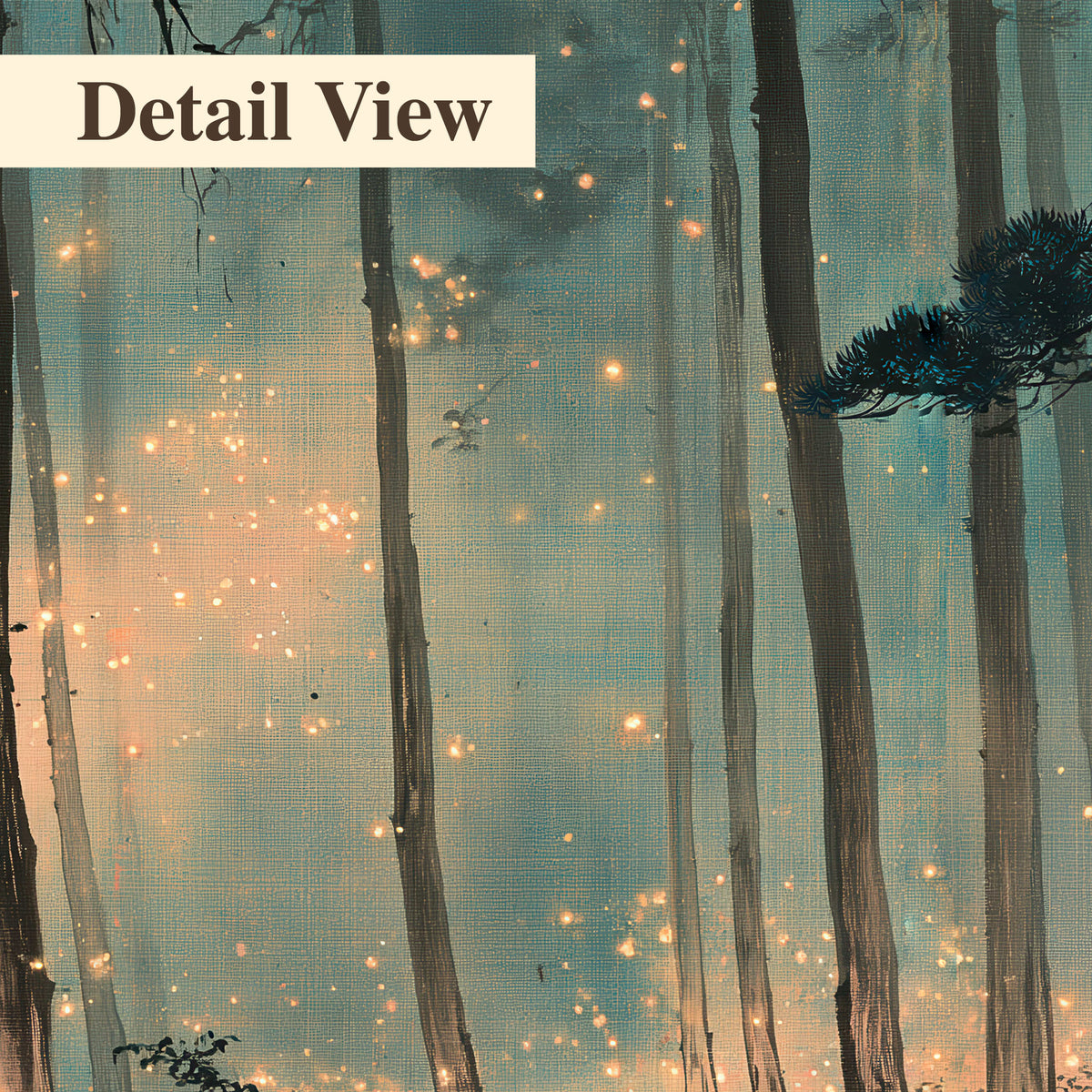 Warm shafts of light falling between tall dark pine trees in a misty green forest 3 piece canvas wall art artwork detail close up