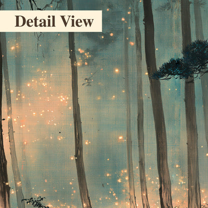 Warm shafts of light falling between tall dark pine trees in a misty green forest 3 piece canvas wall art artwork detail close up