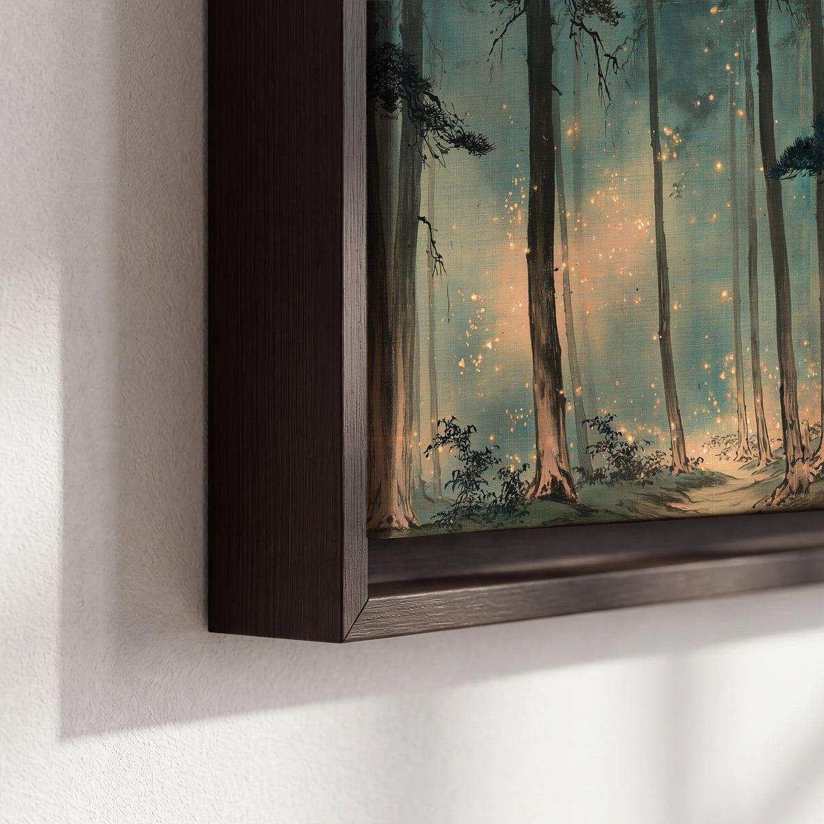 Warm shafts of light falling between tall dark pine trees in a misty green forest 3 piece framed canvas wall art material and edge close up
