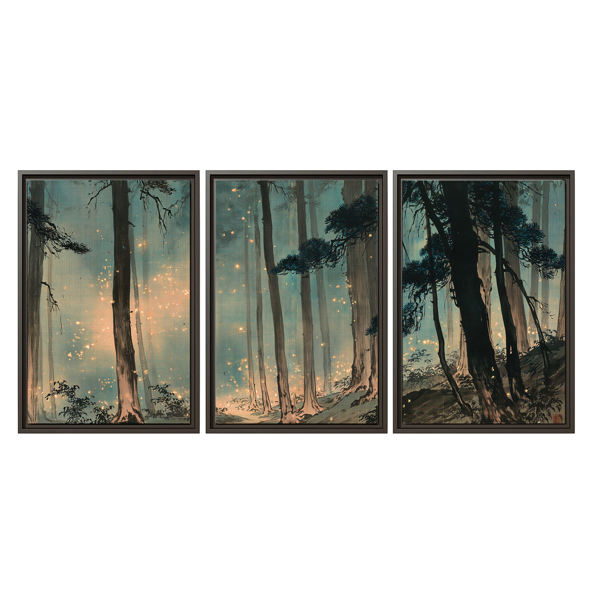 Warm shafts of light falling between tall dark pine trees in a misty green forest 3 piece framed canvas wall art viewed straight on