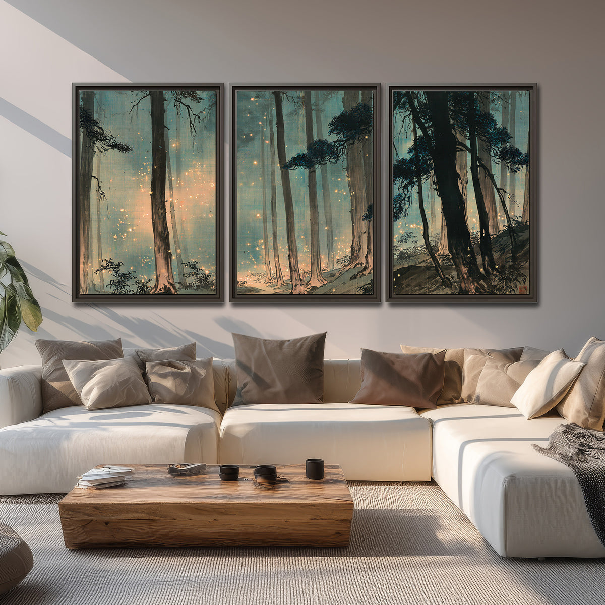 Warm shafts of light falling between tall dark pine trees in a misty green forest 3 piece framed canvas wall art displayed in a living room