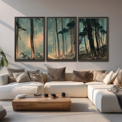 Warm shafts of light falling between tall dark pine trees in a misty green forest 3 piece framed canvas wall art displayed in a living room
