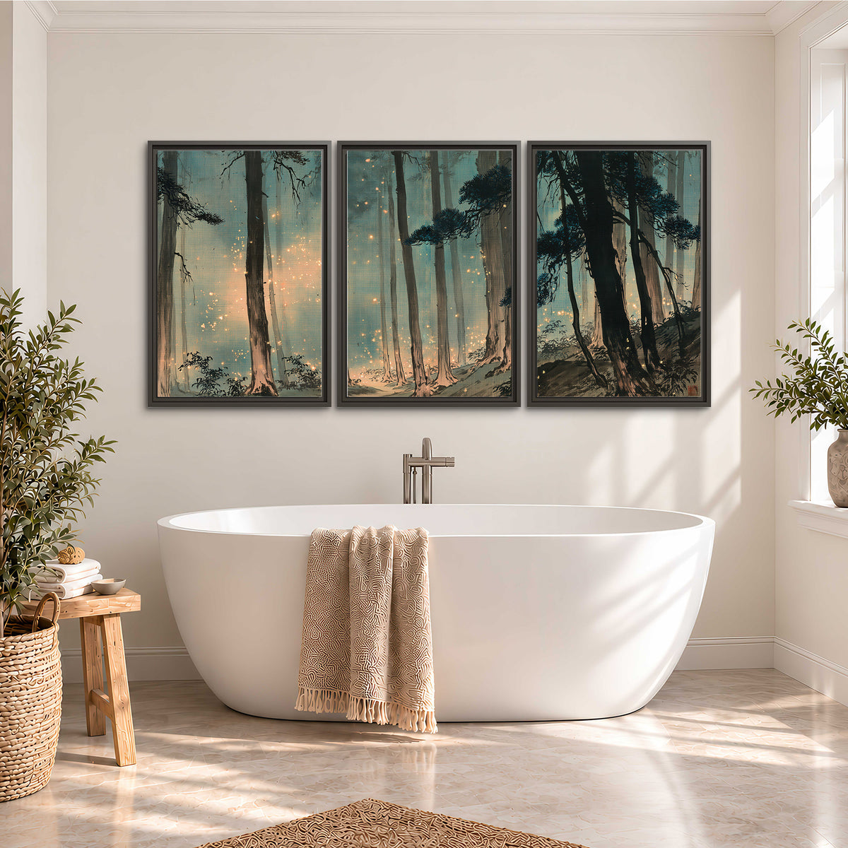Warm shafts of light falling between tall dark pine trees in a misty green forest 3 piece framed canvas wall art styled in an interior