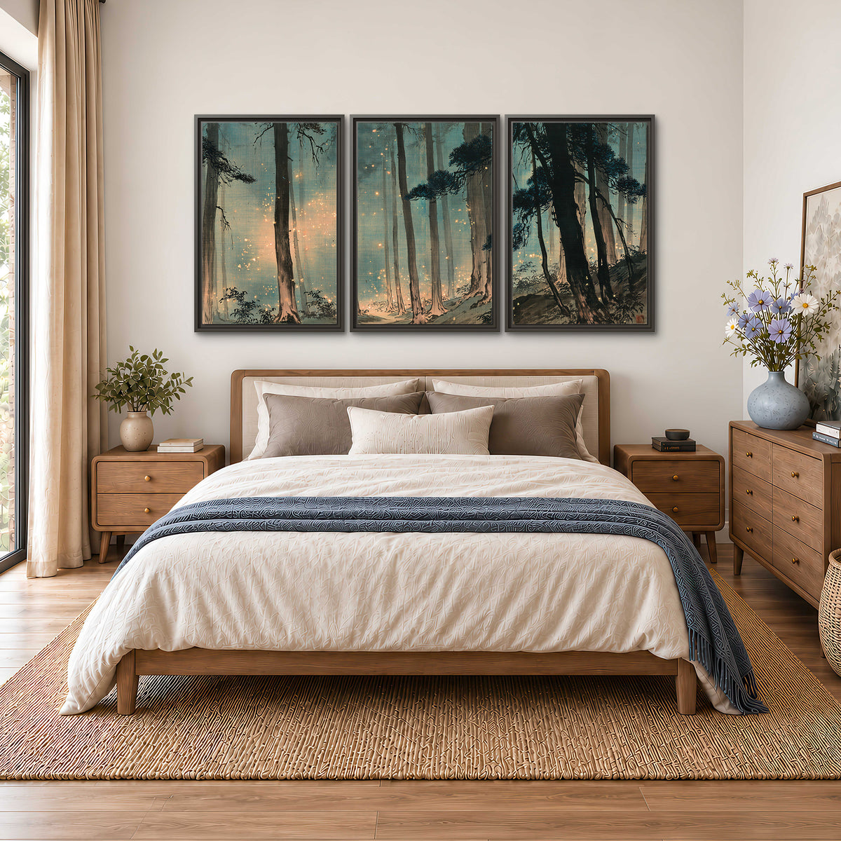 Warm shafts of light falling between tall dark pine trees in a misty green forest 3 piece framed canvas wall art styled in an interior