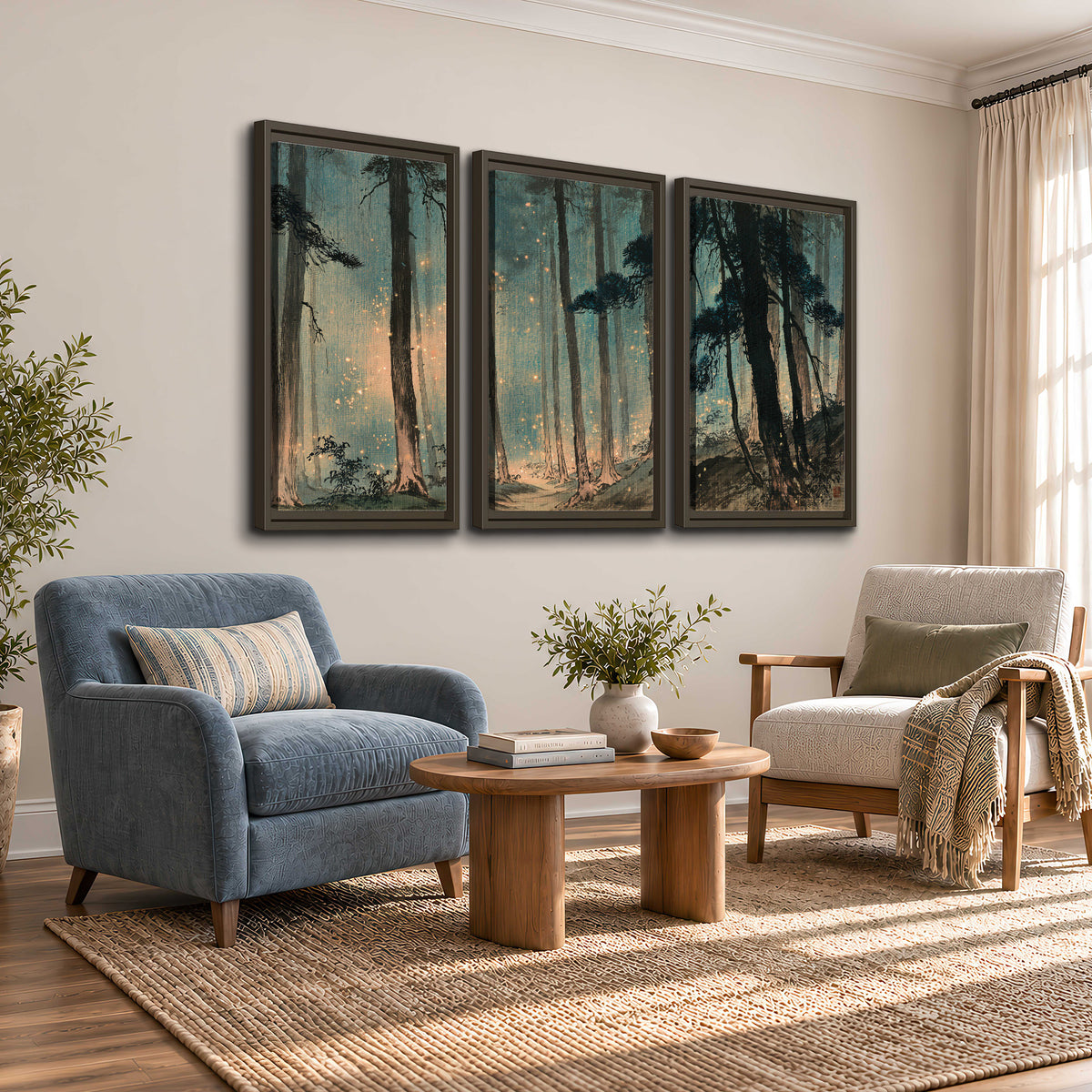 Warm shafts of light falling between tall dark pine trees in a misty green forest 3 piece framed canvas wall art styled in an interior