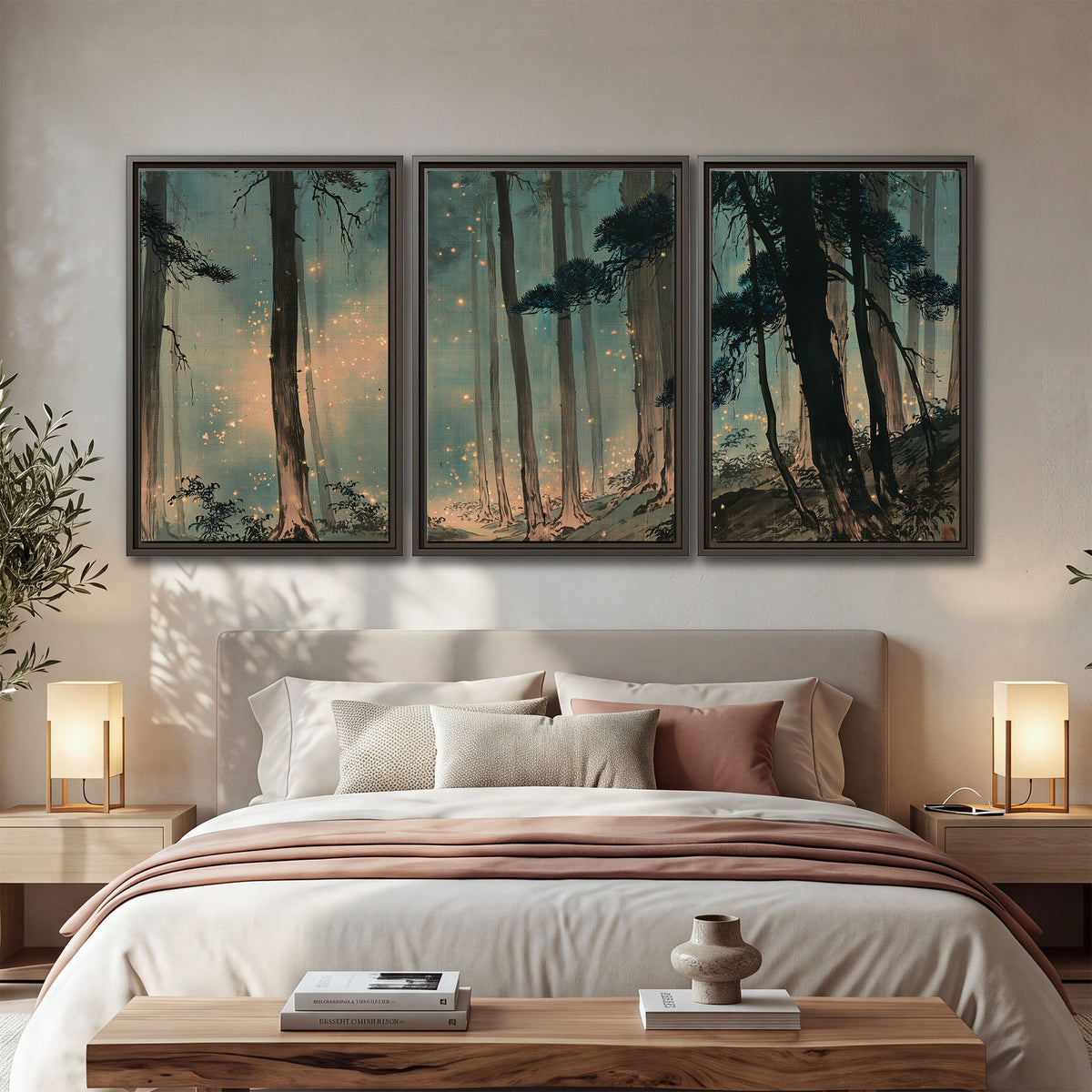 Warm shafts of light falling between tall dark pine trees in a misty green forest 3 piece framed canvas wall art displayed in a bedroom