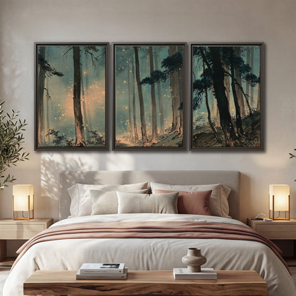 Warm shafts of light falling between tall dark pine trees in a misty green forest 3 piece framed canvas wall art displayed in a bedroom