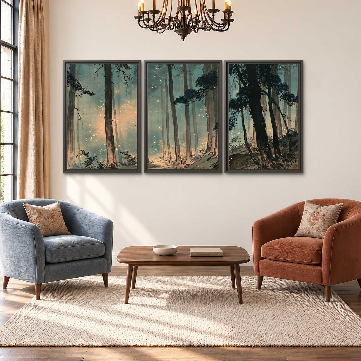 Warm shafts of light falling between tall dark pine trees in a misty green forest 3 piece framed canvas wall art styled in an interior
